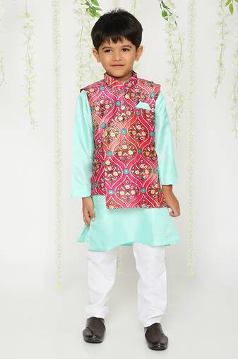 KID1 Festive Kurta Pyjama with digi print Jacket - Pink/Green