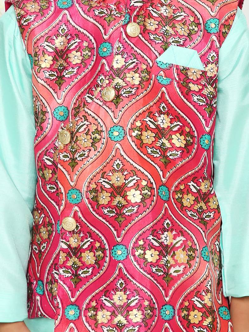 KID1 Festive Kurta Pyjama with digi print Jacket - Pink/Green