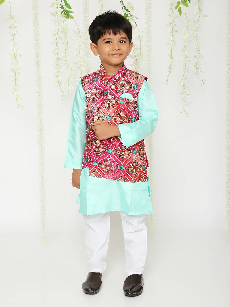 KID1 Festive Kurta Pyjama with digi print Jacket - Pink/Green