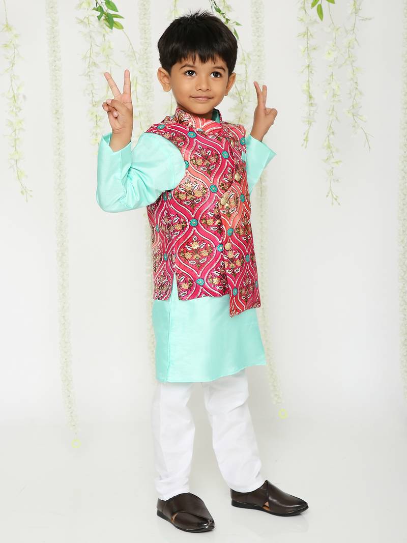 KID1 Festive Kurta Pyjama with digi print Jacket - Pink/Green