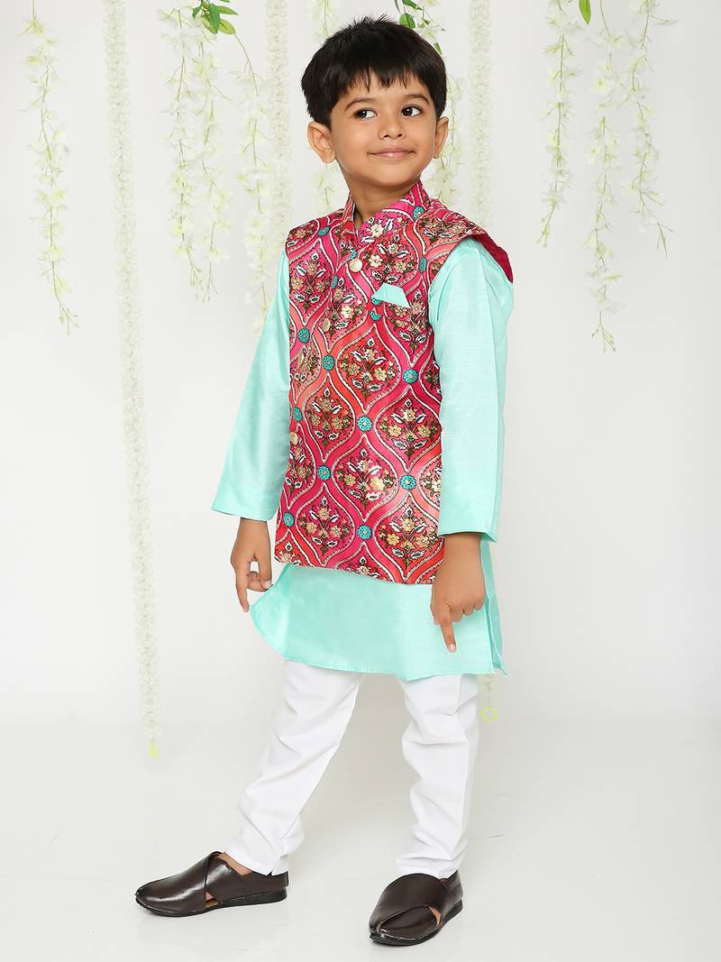 KID1 Festive Kurta Pyjama with digi print Jacket - Pink/Green