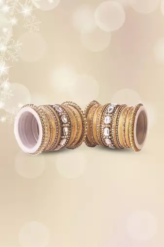 Beautiful Golden Bangle Set For Two Hands With Big Kundan Stones