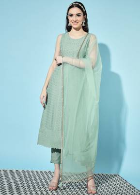 Green Embroidered Silk Blend  Kurta pant  with Dupatta Set 1