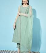 Dusty Green Embroidered Silk Blend Women's Kurta, Pyjama & Dupatta Set