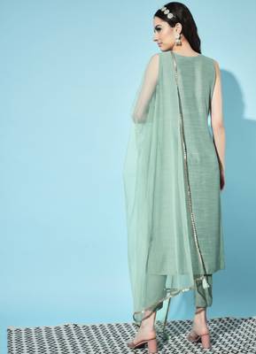 Green Embroidered Silk Blend  Kurta pant  with Dupatta Set 2