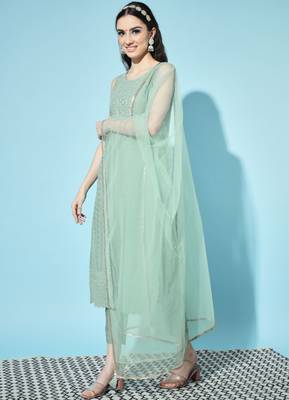 Green Embroidered Silk Blend  Kurta pant  with Dupatta Set 3