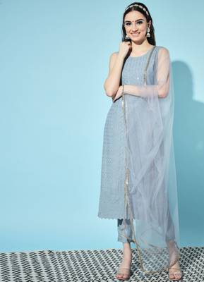 Blue Embroidered Silk Blend  Kurta pant  with Dupatta Set 1