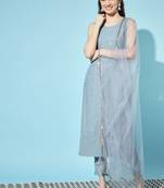 Dusty Blue Embroidered Silk Blend Women's Kurta, Pyjama & Dupatta Set