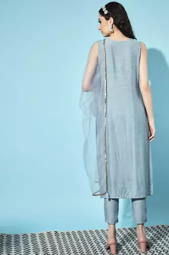 Blue Embroidered Silk Blend  Kurta pant  with Dupatta Set