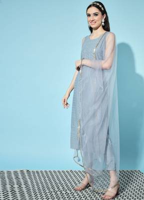 Blue Embroidered Silk Blend  Kurta pant  with Dupatta Set 3