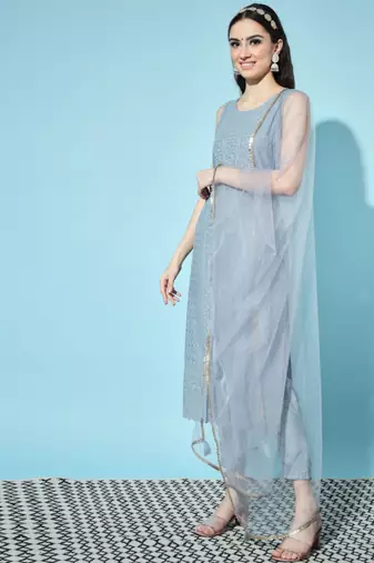 Blue Embroidered Silk Blend  Kurta pant  with Dupatta Set
