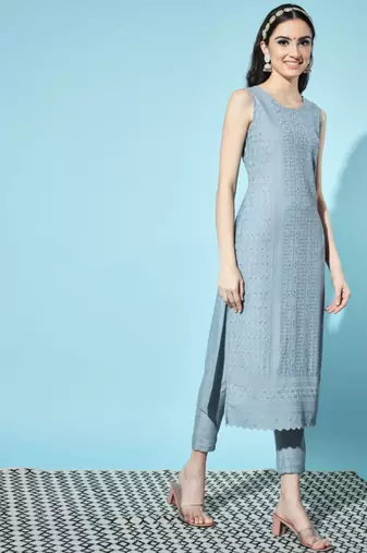 Blue Embroidered Silk Blend  Kurta pant  with Dupatta Set