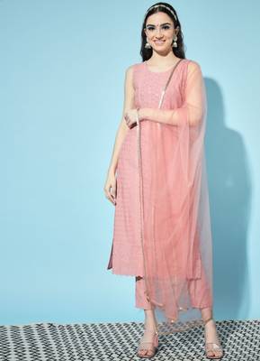 Rust Orange Embroidered Silk Blend  Kurta pant  with Dupatta Set 1