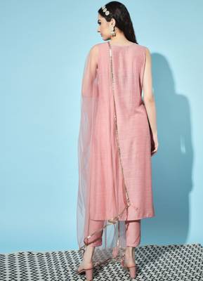 Rust Orange Embroidered Silk Blend  Kurta pant  with Dupatta Set 2