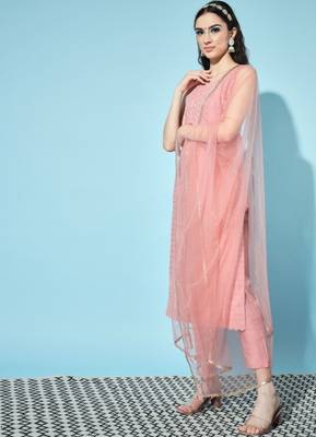 Rust Orange Embroidered Silk Blend  Kurta pant  with Dupatta Set 3