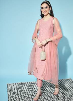 Rust Orange Embroidered Silk Blend  Kurta pant  with Dupatta Set 7