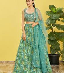GREEN MIRROR THREAD ZARI SEQUINCE EMBROIDERED ORGANZA BRIDAL WEDDING & PARTY WEAR FESTIVAL SEMI STITCHED LEHENGA