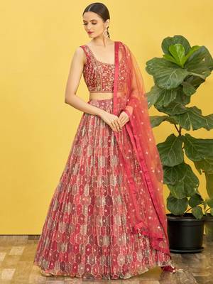 BROWN MIRROR THREAD ZARI SEQUINCE EMBROIDERED ORGANZA BRIDAL WEDDING & PARTY WEAR FESTIVAL SEMI STITCHED LEHENGA 1