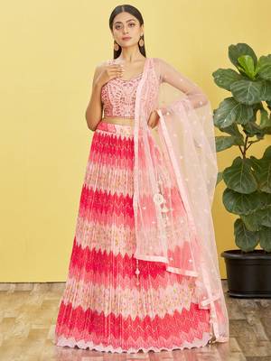 PINK MIRROR THREAD ZARI SEQUINCE EMBROIDERED ORGANZA BRIDAL WEDDING & PARTY WEAR FESTIVAL SEMI STITCHED LEHENGA 1