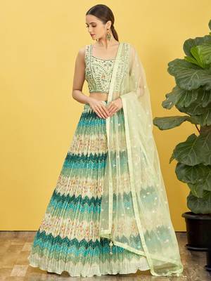 GREEN MIRROR THREAD ZARI SEQUINCE EMBROIDERED ORGANZA BRIDAL WEDDING & PARTY WEAR FESTIVAL SEMI STITCHED LEHENGA 1