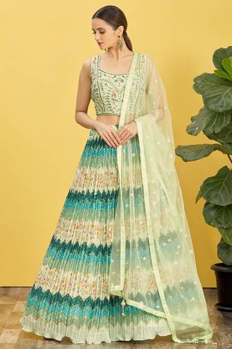 GREEN MIRROR THREAD ZARI SEQUINCE EMBROIDERED ORGANZA BRIDAL WEDDING & PARTY WEAR FESTIVAL SEMI STITCHED LEHENGA