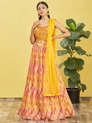 YELLOW MIRROR THREAD ZARI SEQUINCE EMBROIDERED ORGANZA BRIDAL WEDDING & PARTY WEAR FESTIVAL SEMI STITCHED LEHENGA 1