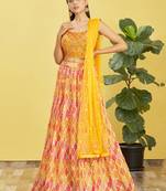 YELLOW MIRROR THREAD ZARI SEQUINCE EMBROIDERED ORGANZA BRIDAL WEDDING & PARTY WEAR FESTIVAL SEMI STITCHED LEHENGA