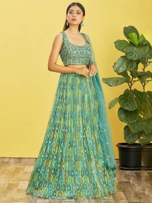 GREEN MIRROR THREAD ZARI SEQUINCE EMBROIDERED ORGANZA BRIDAL WEDDING & PARTY WEAR FESTIVAL SEMI STITCHED LEHENGA 4