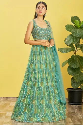 GREEN MIRROR THREAD ZARI SEQUINCE EMBROIDERED ORGANZA BRIDAL WEDDING & PARTY WEAR FESTIVAL SEMI STITCHED LEHENGA