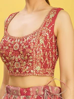 BROWN MIRROR THREAD ZARI SEQUINCE EMBROIDERED ORGANZA BRIDAL WEDDING & PARTY WEAR FESTIVAL SEMI STITCHED LEHENGA 2