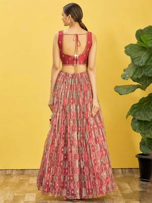 BROWN MIRROR THREAD ZARI SEQUINCE EMBROIDERED ORGANZA BRIDAL WEDDING & PARTY WEAR FESTIVAL SEMI STITCHED LEHENGA 3