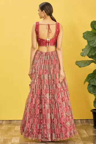 BROWN MIRROR THREAD ZARI SEQUINCE EMBROIDERED ORGANZA BRIDAL WEDDING & PARTY WEAR FESTIVAL SEMI STITCHED LEHENGA