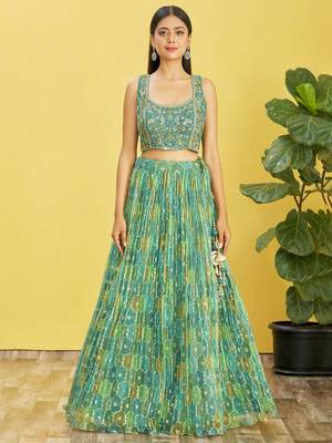 GREEN MIRROR THREAD ZARI SEQUINCE EMBROIDERED ORGANZA BRIDAL WEDDING & PARTY WEAR FESTIVAL SEMI STITCHED LEHENGA 6