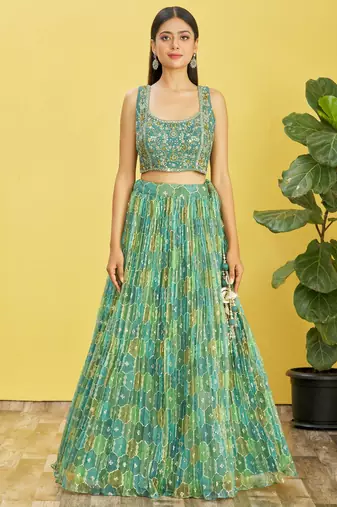 GREEN MIRROR THREAD ZARI SEQUINCE EMBROIDERED ORGANZA BRIDAL WEDDING & PARTY WEAR FESTIVAL SEMI STITCHED LEHENGA
