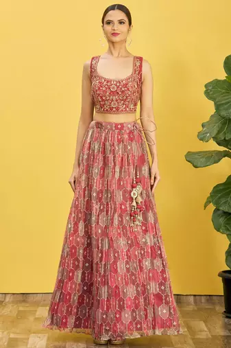 BROWN MIRROR THREAD ZARI SEQUINCE EMBROIDERED ORGANZA BRIDAL WEDDING & PARTY WEAR FESTIVAL SEMI STITCHED LEHENGA