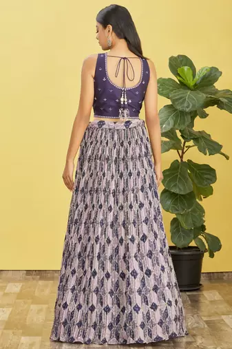 BLUE MIRROR THREAD ZARI SEQUINCE EMBROIDERED ORGANZA BRIDAL WEDDING & PARTY WEAR FESTIVAL SEMI STITCHED LEHENGA