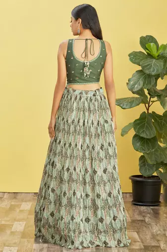 GREEN MIRROR THREAD ZARI SEQUINCE EMBROIDERED ORGANZA BRIDAL WEDDING & PARTY WEAR FESTIVAL SEMI STITCHED LEHENGA