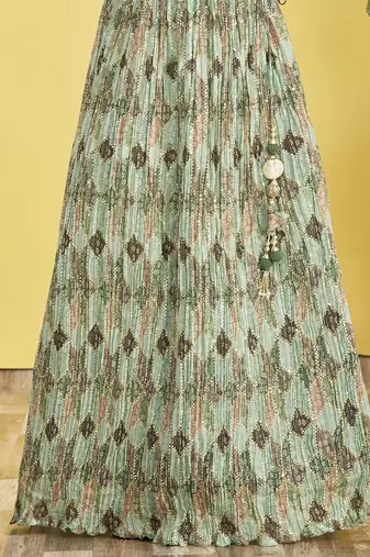 GREEN MIRROR THREAD ZARI SEQUINCE EMBROIDERED ORGANZA BRIDAL WEDDING & PARTY WEAR FESTIVAL SEMI STITCHED LEHENGA
