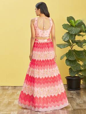 PINK MIRROR THREAD ZARI SEQUINCE EMBROIDERED ORGANZA BRIDAL WEDDING & PARTY WEAR FESTIVAL SEMI STITCHED LEHENGA 3