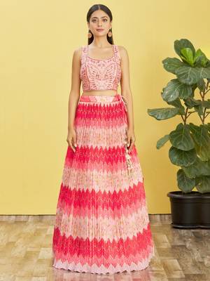 PINK MIRROR THREAD ZARI SEQUINCE EMBROIDERED ORGANZA BRIDAL WEDDING & PARTY WEAR FESTIVAL SEMI STITCHED LEHENGA 4