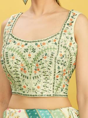 GREEN MIRROR THREAD ZARI SEQUINCE EMBROIDERED ORGANZA BRIDAL WEDDING & PARTY WEAR FESTIVAL SEMI STITCHED LEHENGA 2