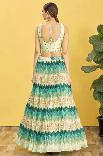 GREEN MIRROR THREAD ZARI SEQUINCE EMBROIDERED ORGANZA BRIDAL WEDDING & PARTY WEAR FESTIVAL SEMI STITCHED LEHENGA
