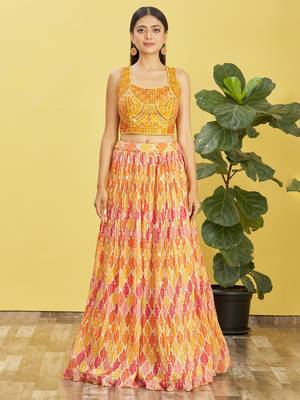 YELLOW MIRROR THREAD ZARI SEQUINCE EMBROIDERED ORGANZA BRIDAL WEDDING & PARTY WEAR FESTIVAL SEMI STITCHED LEHENGA 4