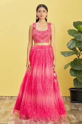 PINK MIRROR THREAD ZARI SEQUINCE EMBROIDERED ORGANZA BRIDAL WEDDING & PARTY WEAR FESTIVAL SEMI STITCHED LEHENGA 4