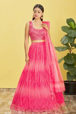 PINK MIRROR THREAD ZARI SEQUINCE EMBROIDERED ORGANZA BRIDAL WEDDING & PARTY WEAR FESTIVAL SEMI STITCHED LEHENGA 5