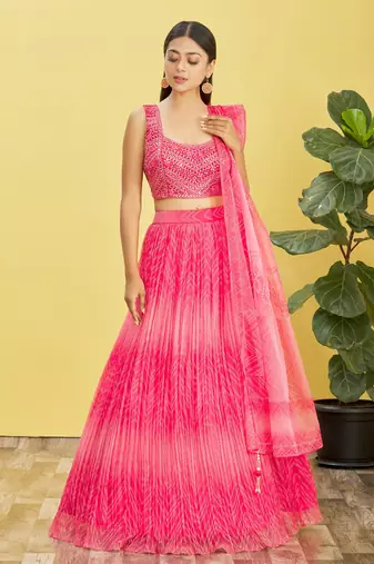 PINK MIRROR THREAD ZARI SEQUINCE EMBROIDERED ORGANZA BRIDAL WEDDING & PARTY WEAR FESTIVAL SEMI STITCHED LEHENGA