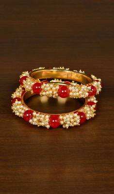 Gold Plated Red Stone and Seed Pearls Pair of Designer Bangles for Women 1
