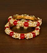 Gold Plated Red Stone and Seed Pearls Pair of Designer Bangles for Women