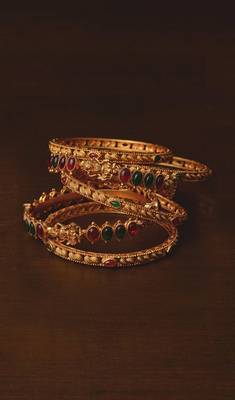 Ruby and Emerald Embellished Matte Finish Temple Bangles BD573 1