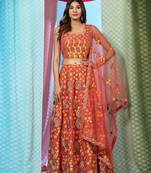 JustFashion Orange Embroidered Lehenga Set With Blouse And Dupatta